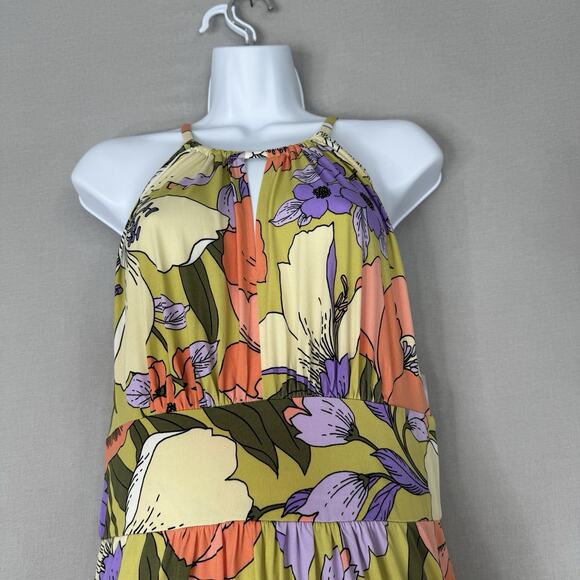 London Times Womens Dress 10 Green Floral Halter Maxi Jersey Resort Tropical - Picture 2 of 13